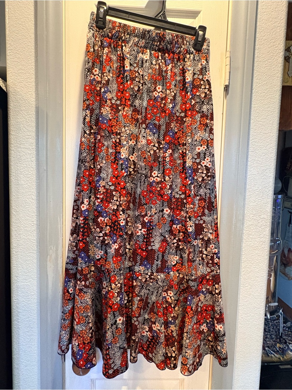 Floral Tiered Maxi Skirt in Red and Brown